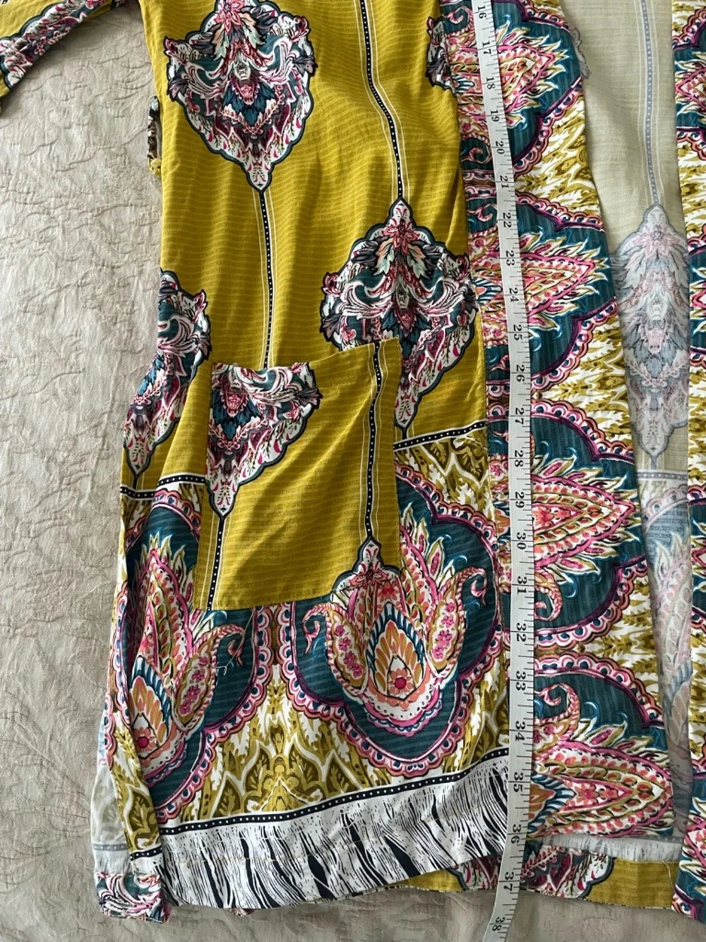 Jaase Mustard Yellow Olive Paisley Kimono Robe Cover-Up Duster M - Picture 6 of 10